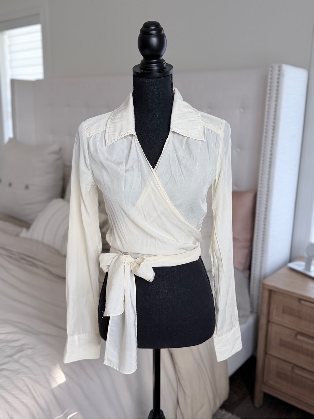 Women's Cream Wrap Blouse - Elegant Long-Sleeve Top